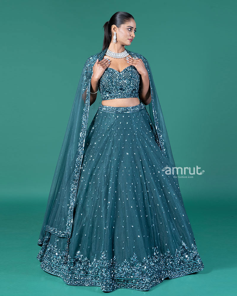 Teal Embellished Lehenga Choli with Dupatta 04