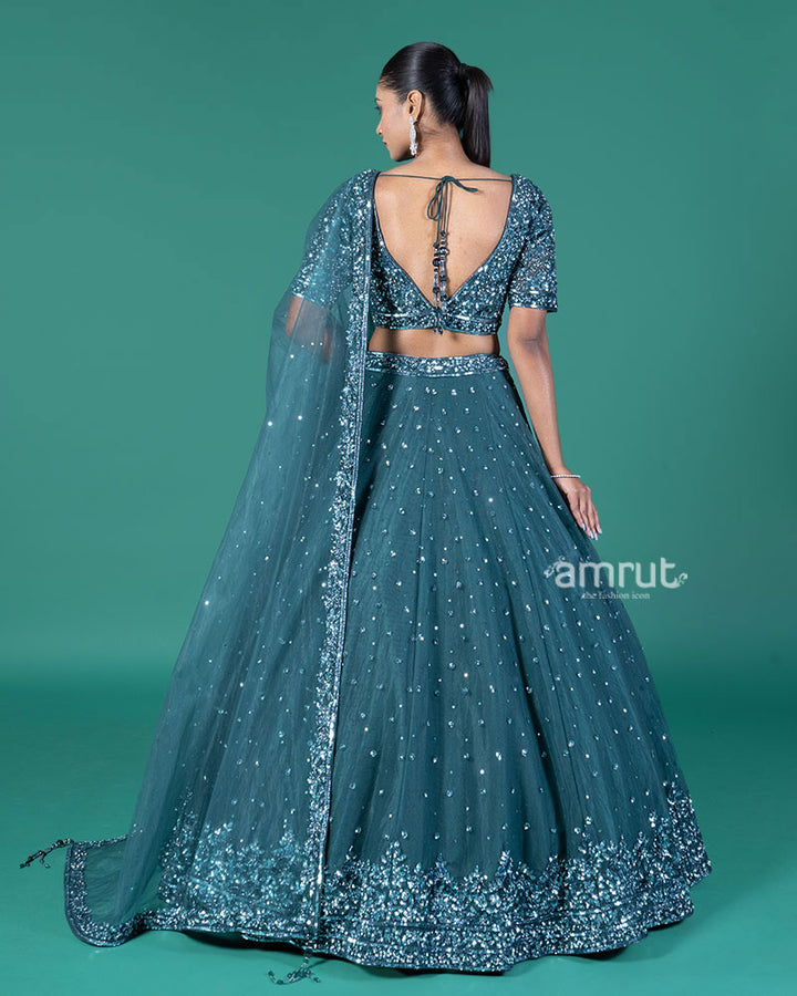 Teal Embellished Lehenga Choli with Dupatta 05