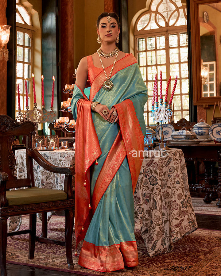 Turquoise and Orange Paisley Woven Border Kanjeevaram Silk Saree with Unstitched Blouse 01
