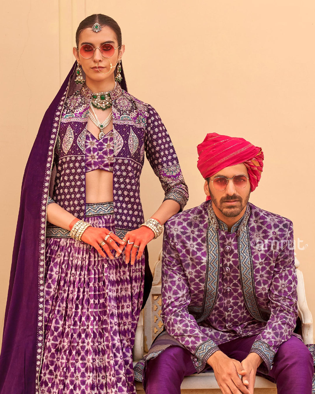 Violet lehenga Set and Men Kurta Set with Printed Coat