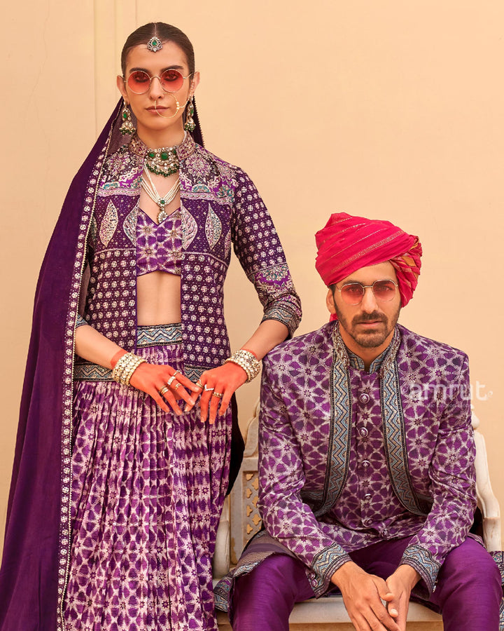 Violet lehenga Set and Men Kurta Set with Printed Coat