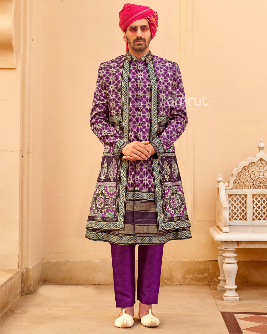 Violet lehenga Set and Men Kurta Set with Printed Coat