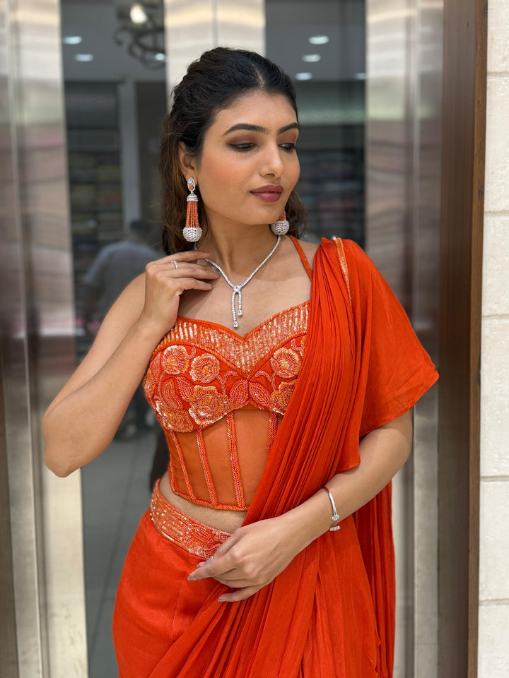 Radiant Orange Ready-to-Wear Saree with Embroidered Corset Blouse