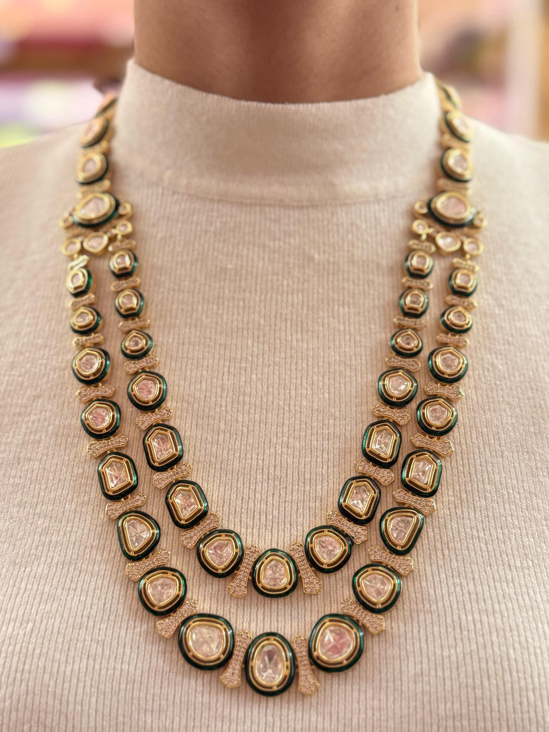 Royal Polki Kundan Necklace Set with Enamel Green Detailing & Matching Maang Tikka