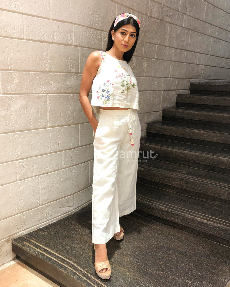 Silk White Crop Top And Pants Set Crop Top White Going Out Pants