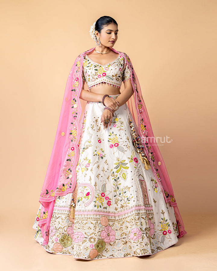 White Lehenga Choli with Floral Print and Net Dupatta