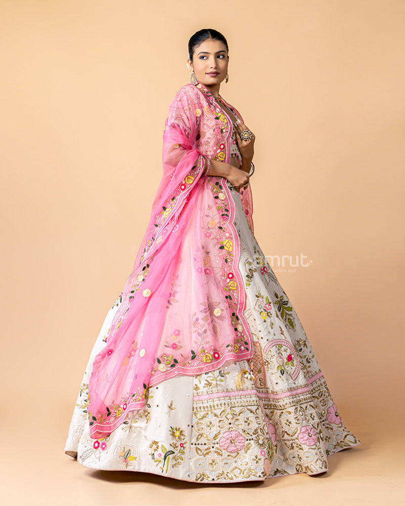 White Lehenga Choli with Floral Print and Net Dupatta