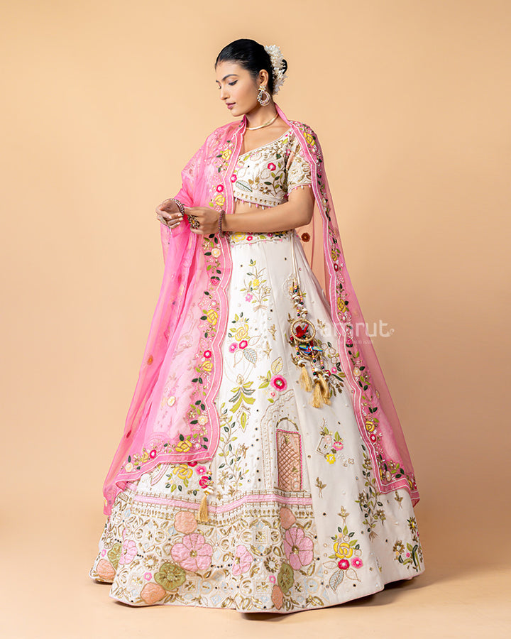 White Lehenga Choli with Floral Print and Net Dupatta