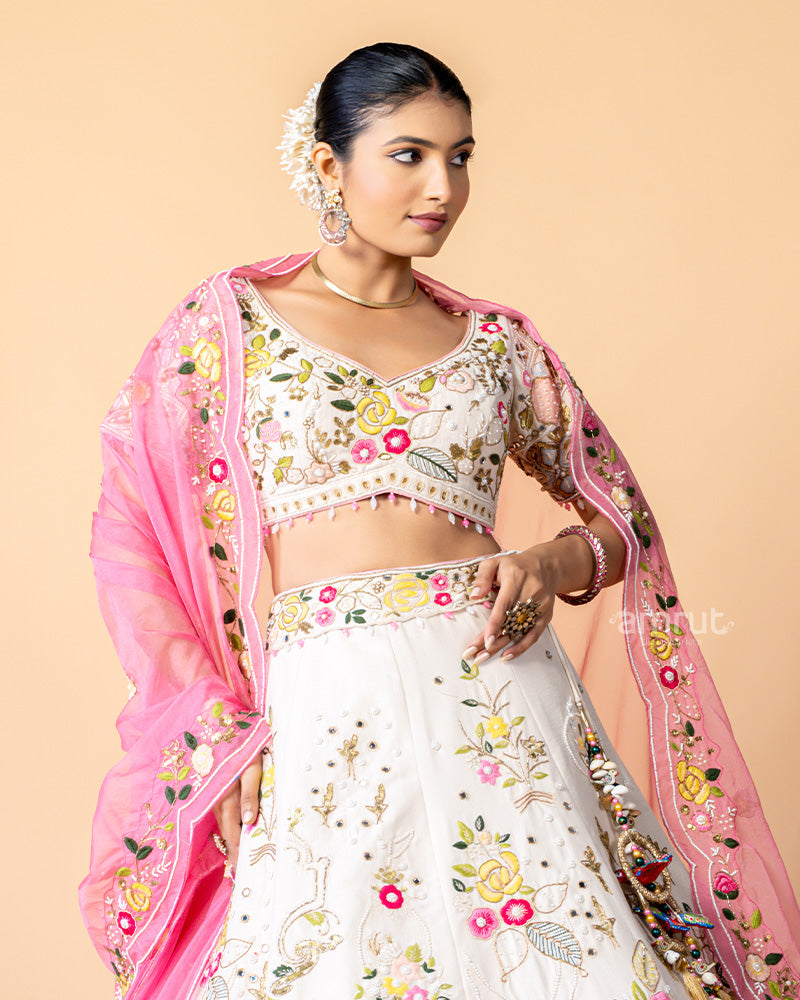 White Lehenga Choli with Floral Print and Net Dupatta