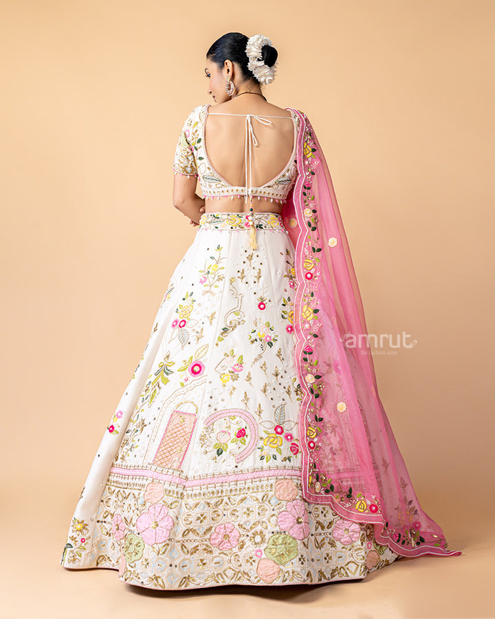 White Lehenga Choli with Floral Print and Net Dupatta