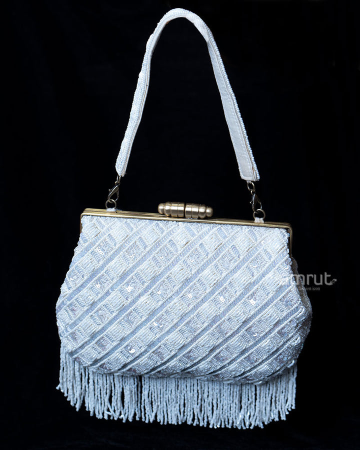 White Bead-Embellished Clutch Bag with wide Hand Strap 01