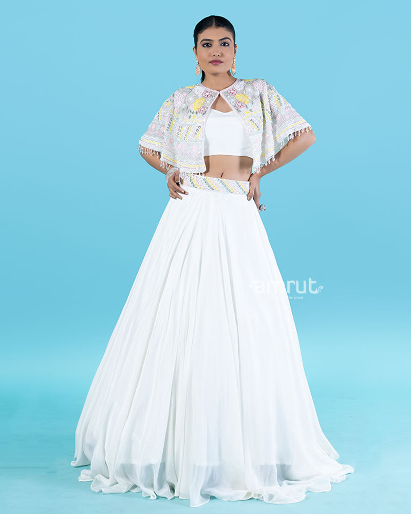 White Embellished Cape with Crop Choli and Pleated Lehenga  01