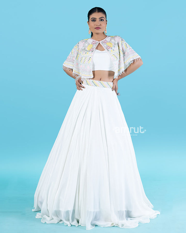 White Embellished Cape with Crop Choli and Pleated Lehenga  01