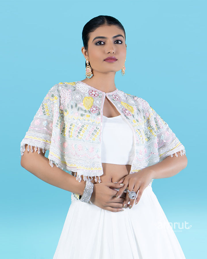 White Embellished Cape with Crop Choli and Pleated Lehenga  02