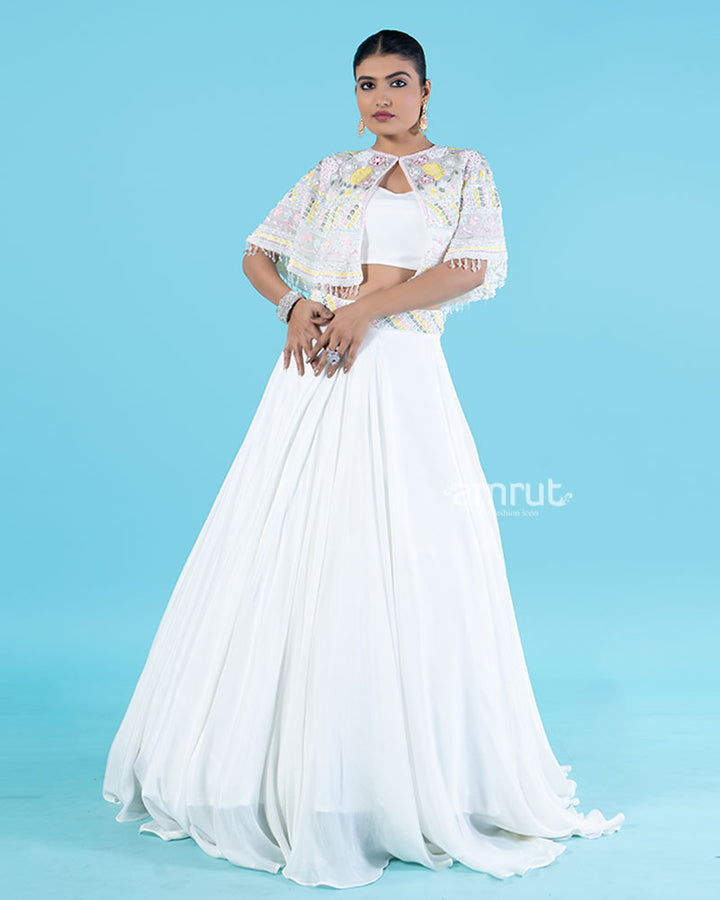 White Embellished Cape with Crop Choli and Pleated Lehenga  04