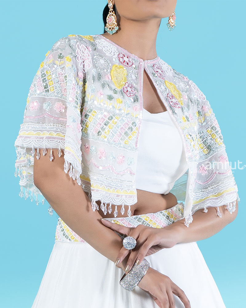 White Embellished Cape with Crop Choli and Pleated Lehenga  05