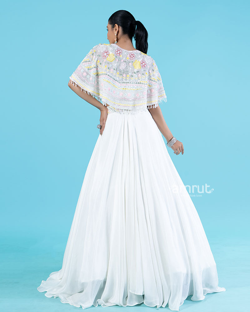 White Embellished Cape with Crop Choli and Pleated Lehenga  06