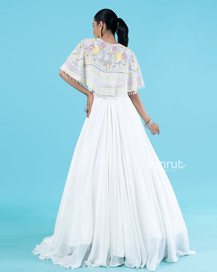 White Embellished Cape with Crop Choli and Pleated Lehenga  06