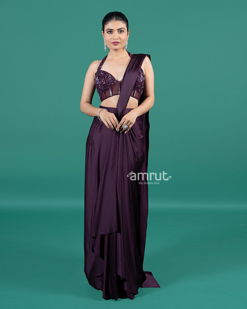 Wine Satin Ready-to-Wear Saree with Embellished Halter Blouse 01