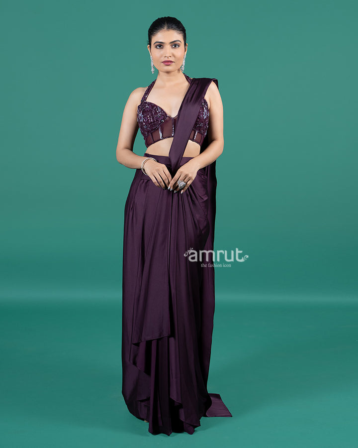 Wine Satin Ready-to-Wear Saree with Embellished Halter Blouse 01