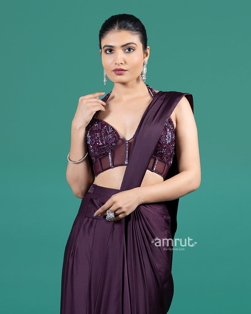 Wine Satin Ready-to-Wear Saree with Embellished Halter Blouse 02