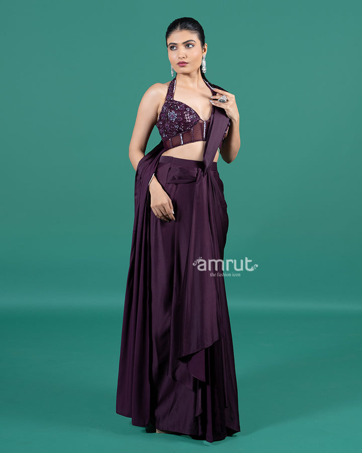 Wine Satin Ready-to-Wear Saree with Embellished Halter Blouse 04