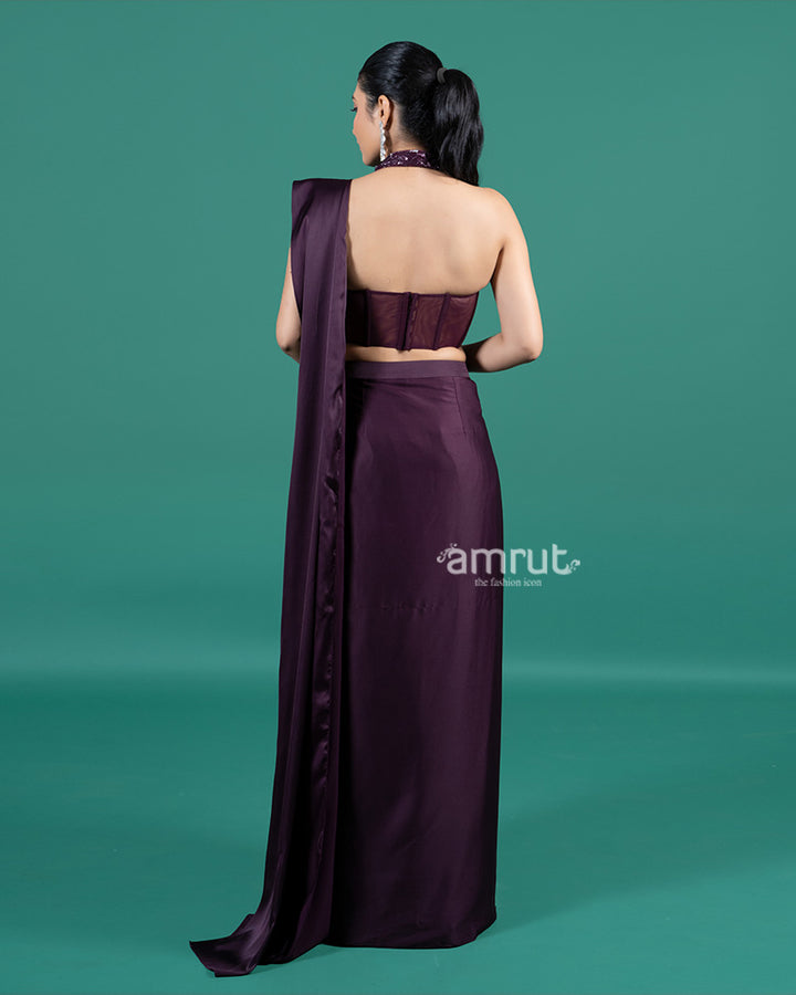 Wine Satin Ready-to-Wear Saree with Embellished Halter Blouse 05