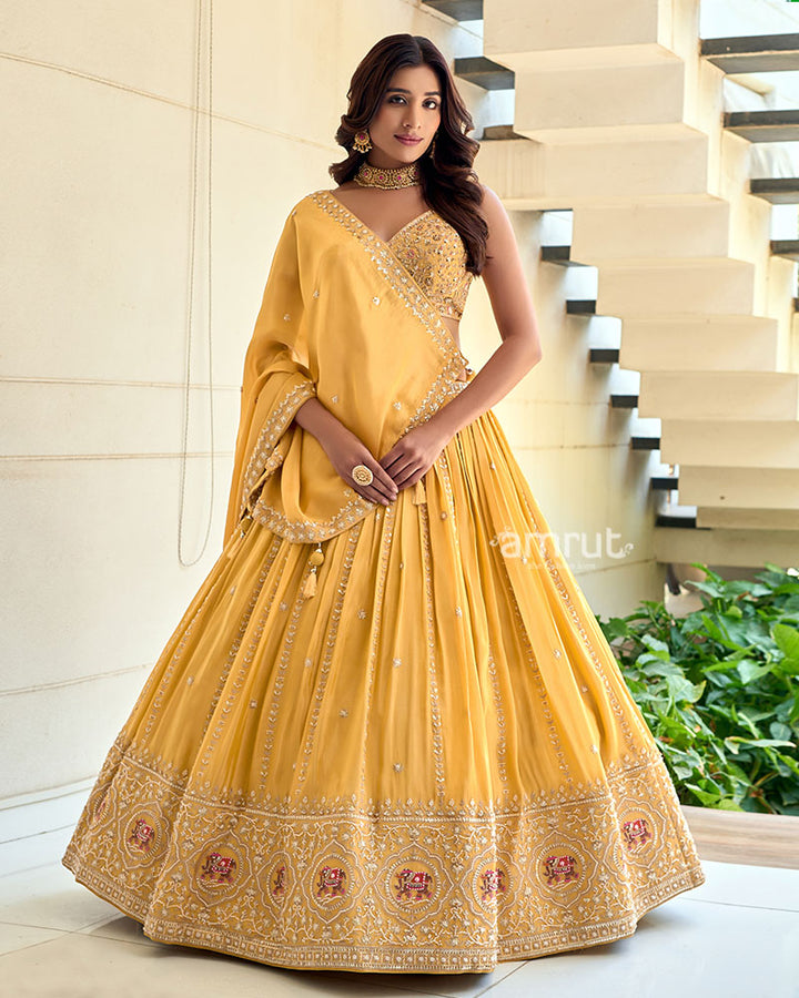 Yellow Elephant Motif Embroidered Lehenga Choli with Dupatta01