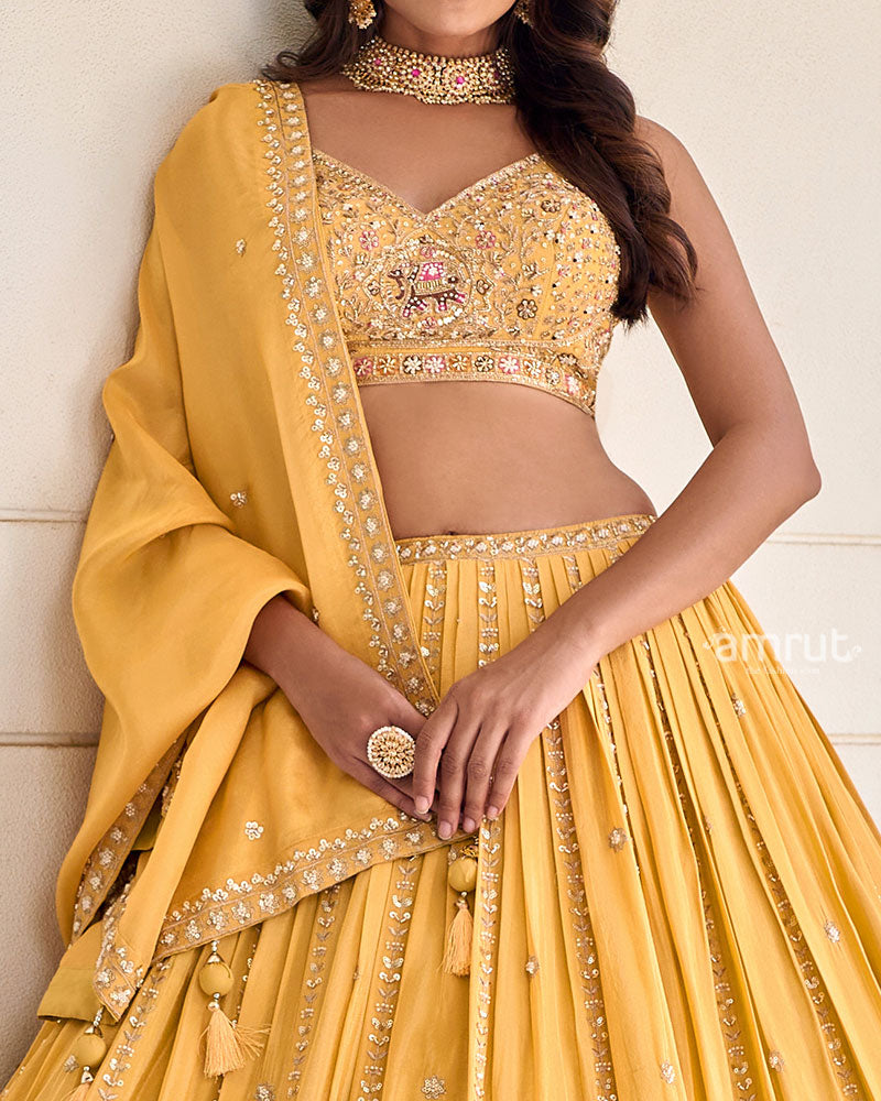 Yellow Elephant Motif Embroidered Lehenga Choli with Dupatta03