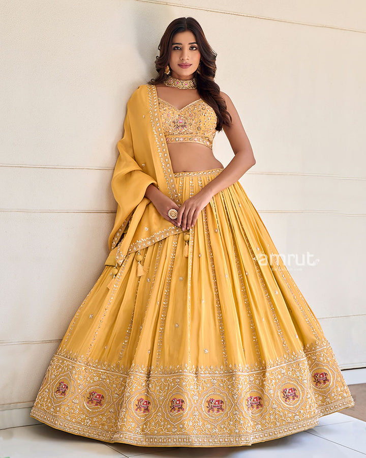 Yellow Elephant Motif Embroidered Lehenga Choli with Dupatta04