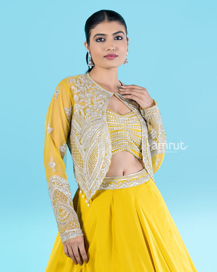 Yellow Embroidered Jacket with Crop Choli and Flared Lehenga 02