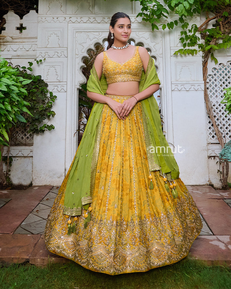 Yellow Lehenga Choli Embellished with Floral print and Sequence Work w AMRUT