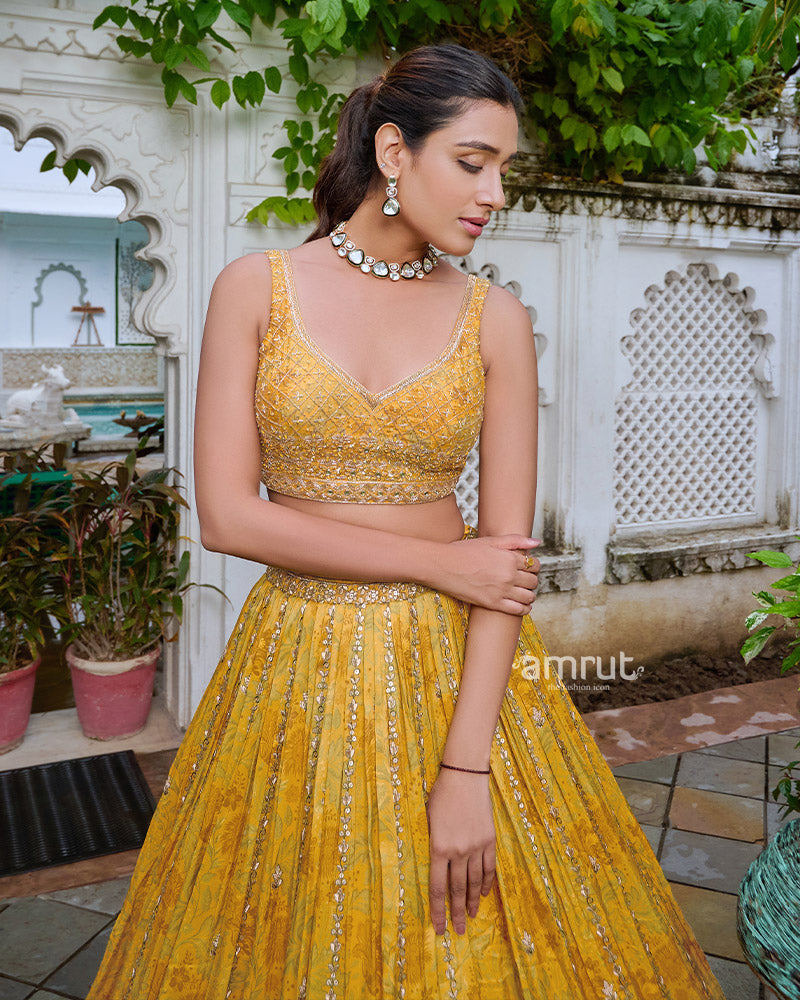 Yellow Lehenga Choli Embellished with Floral print and Sequence Work with Green Dupatta 02