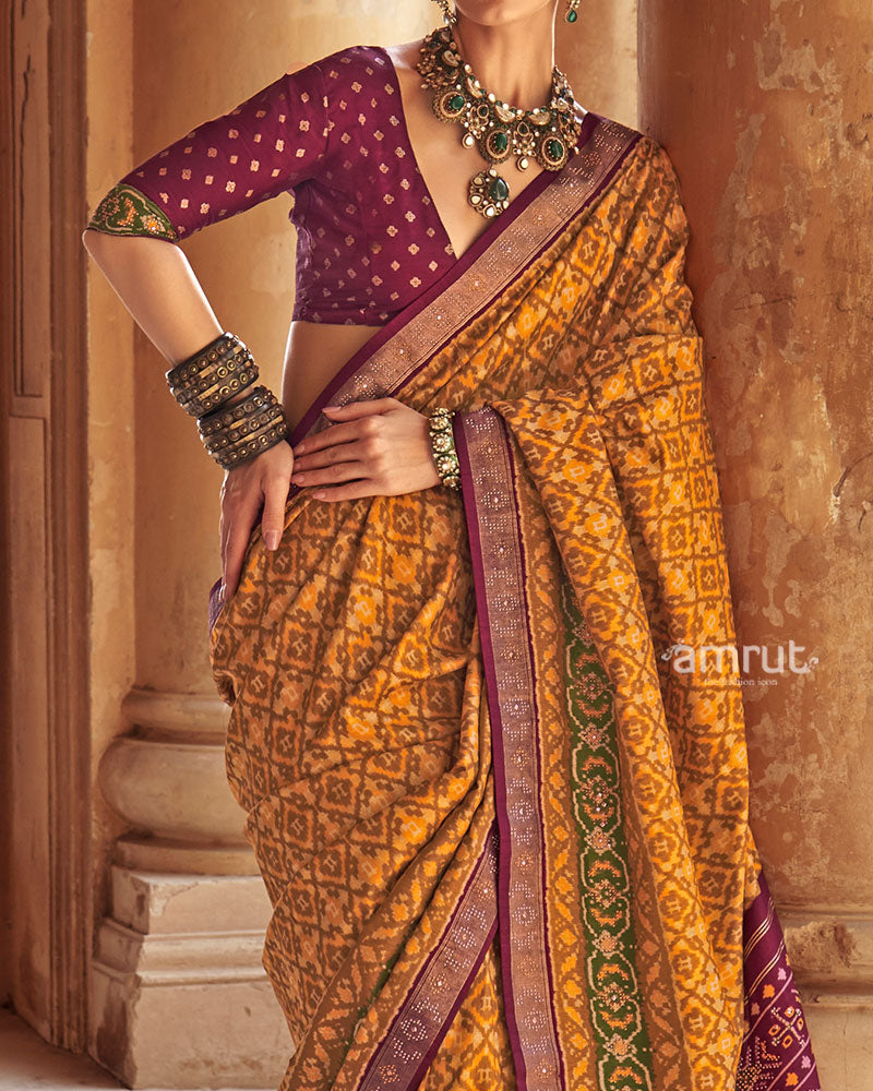 Yellow Patola Silk Saree with Purple Embellished Border and Unstitched Blouse 03
