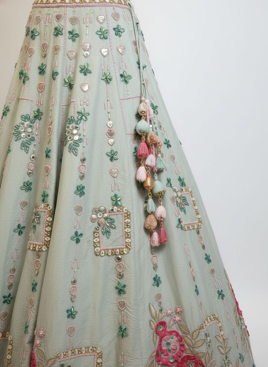 Mint Green Multicolor Floral Embroidered Lehenga Set with Tassel Details