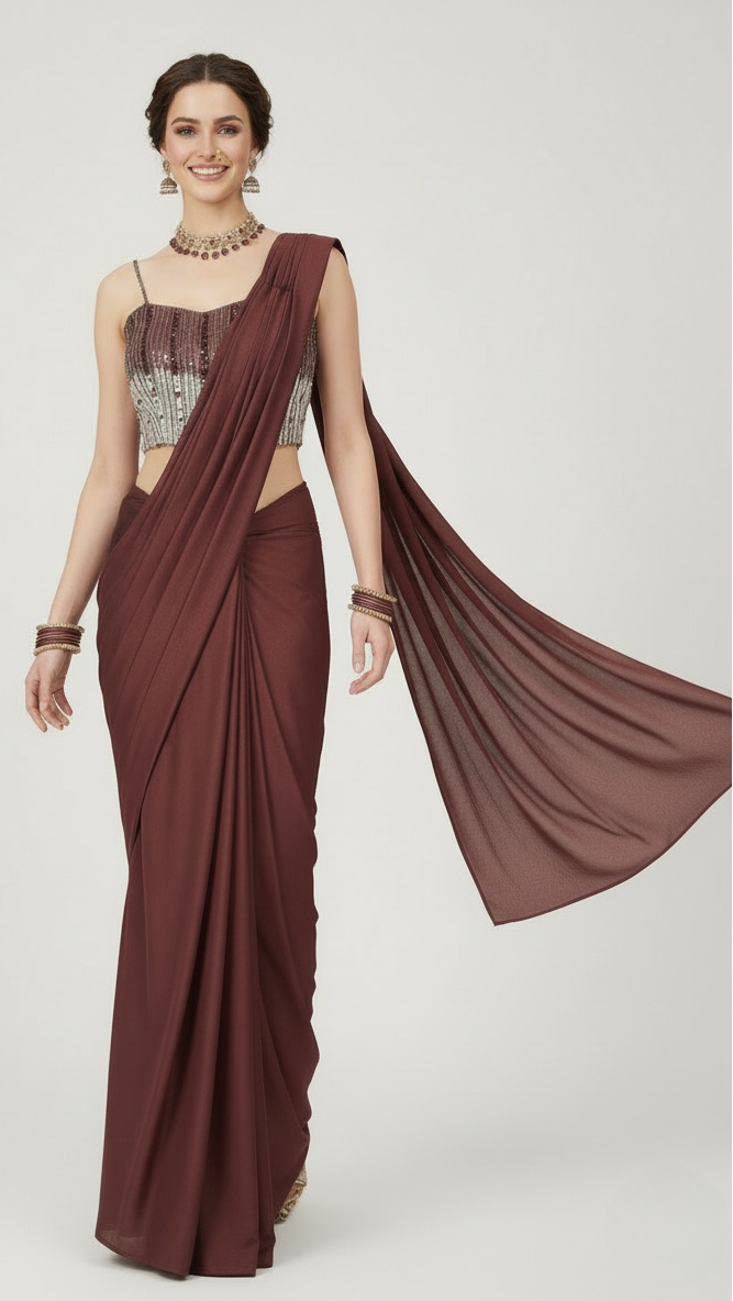 Wine Brown Pre-Draped Saree with Sequin Embellished Blouse  AMRUT