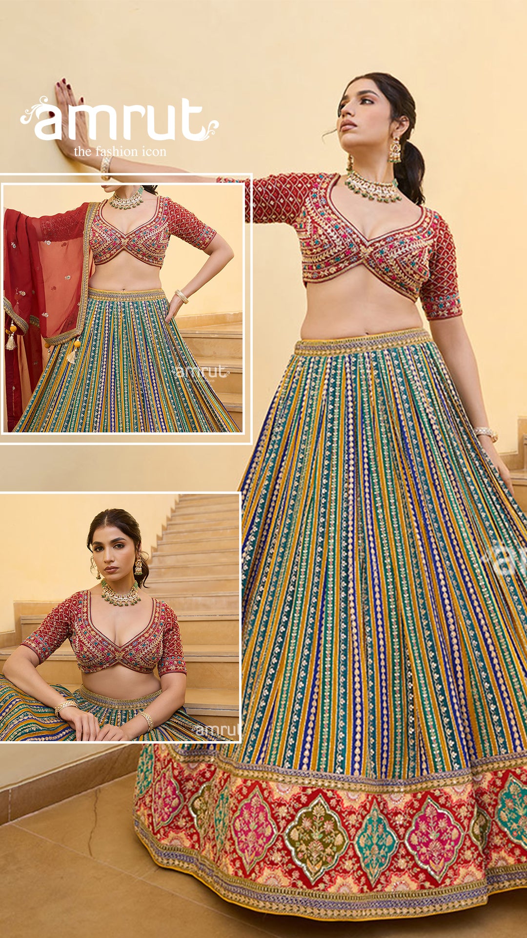 Multicolored Striped Lehenga with Embroidered Choli and Red Dupatta 0