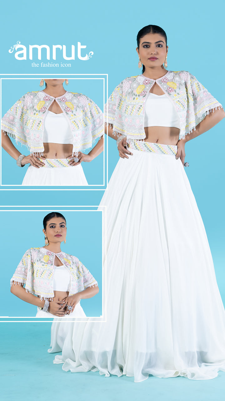 White Embellished Cape with Crop Choli and Pleated Lehenga  0
