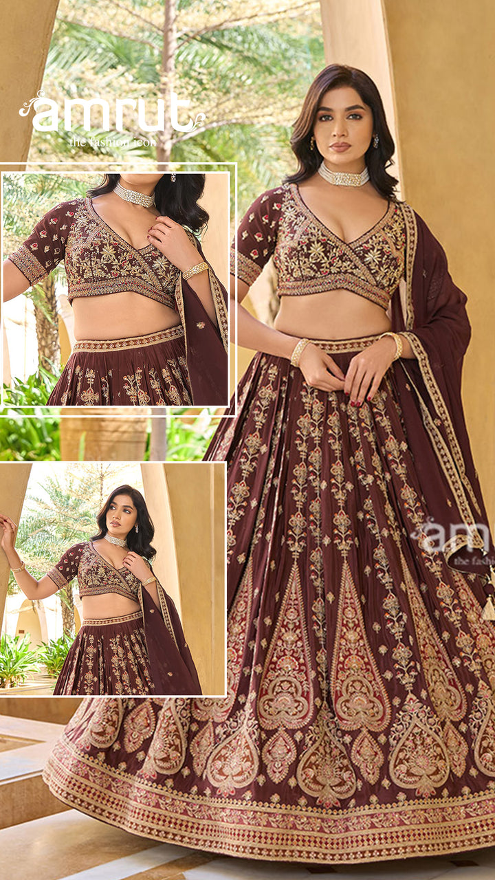 Maroon Golden Detailing Embroidered Lehenga Choli with Matching Dupatta 0
