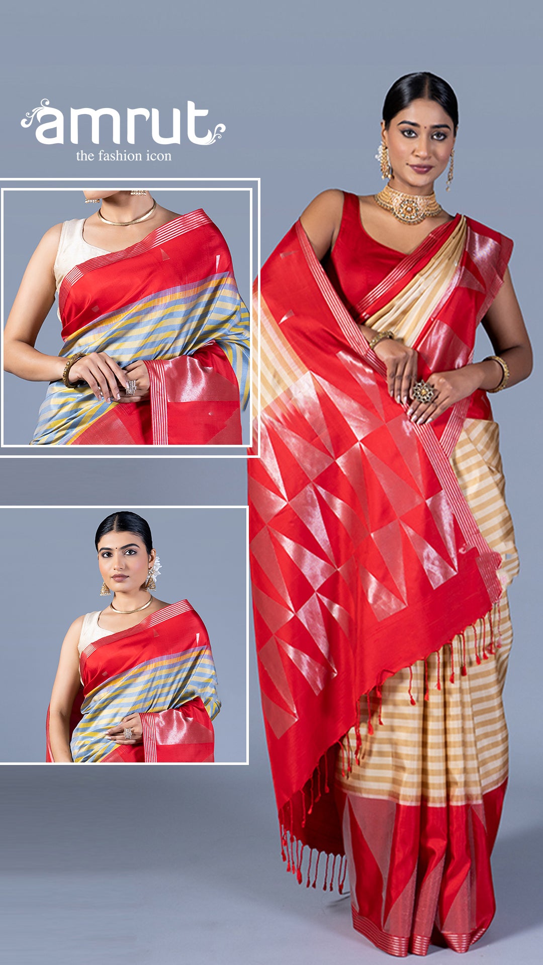 Beige and Cream Striped Red Border Saree with Unstitched Blouse 0