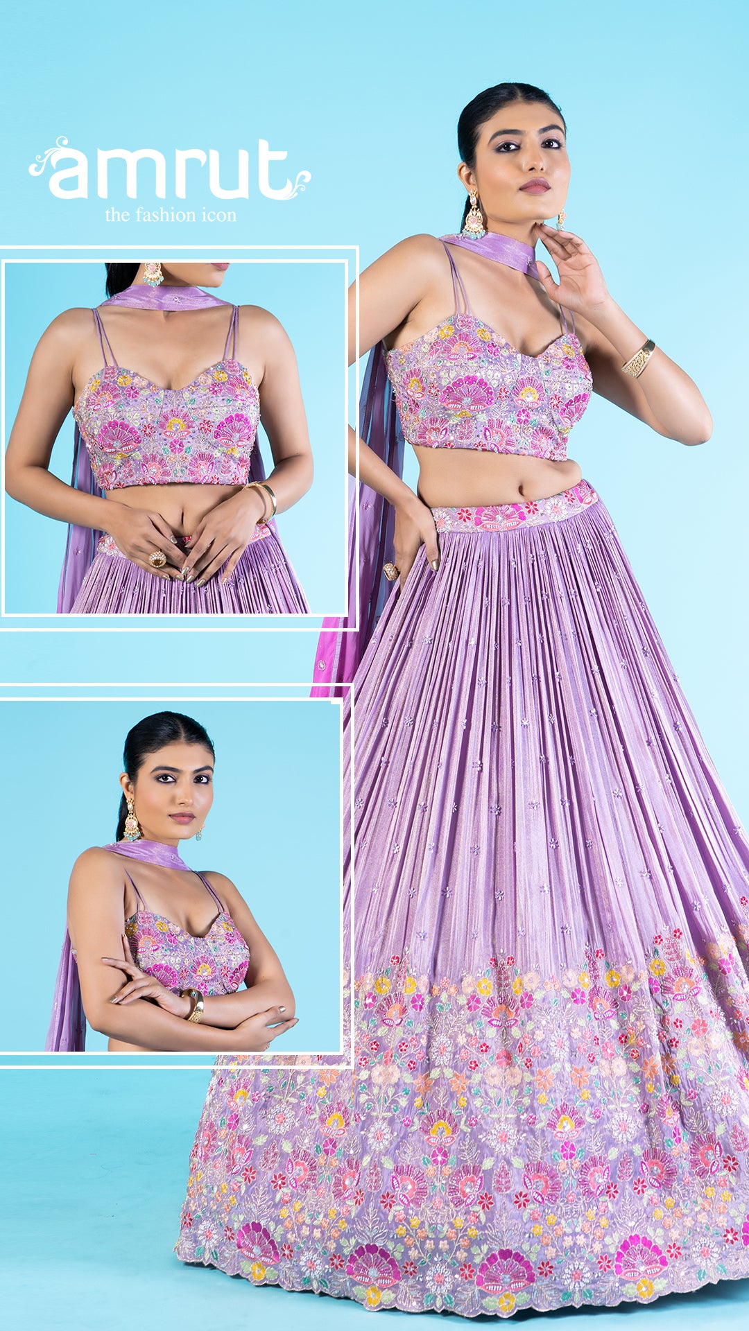 Lavender Floral Embroidered Lehenga Choli with Sheer Dupatta 0