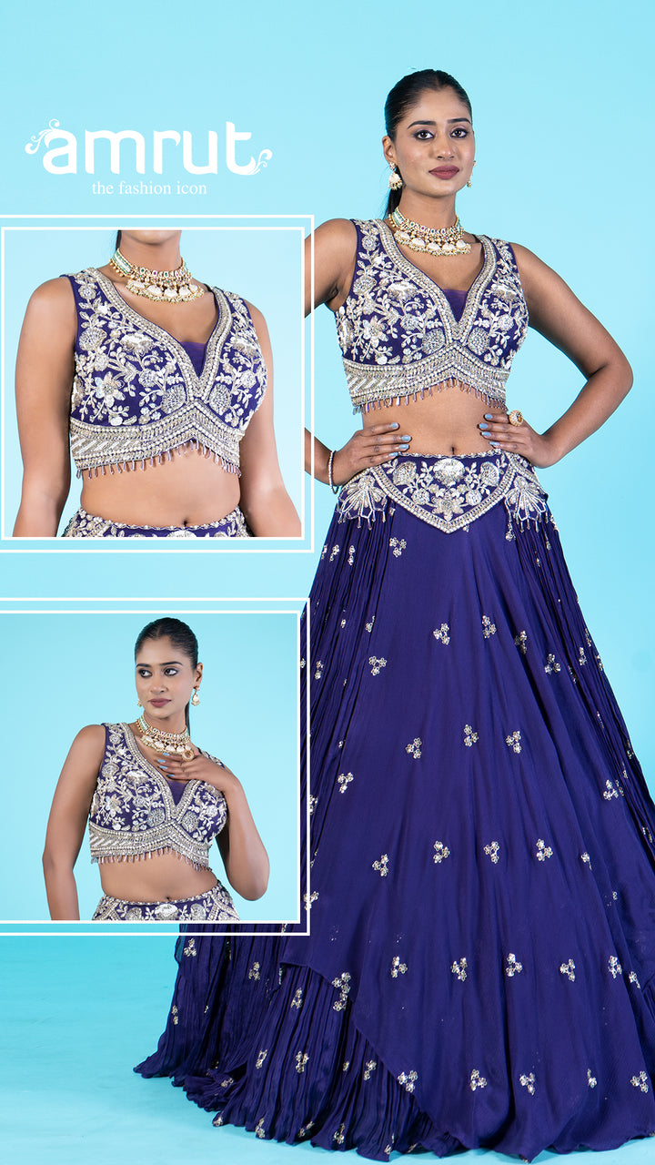 Purple Lehenga Choli with Silver Floral Embroidery and Beading 0