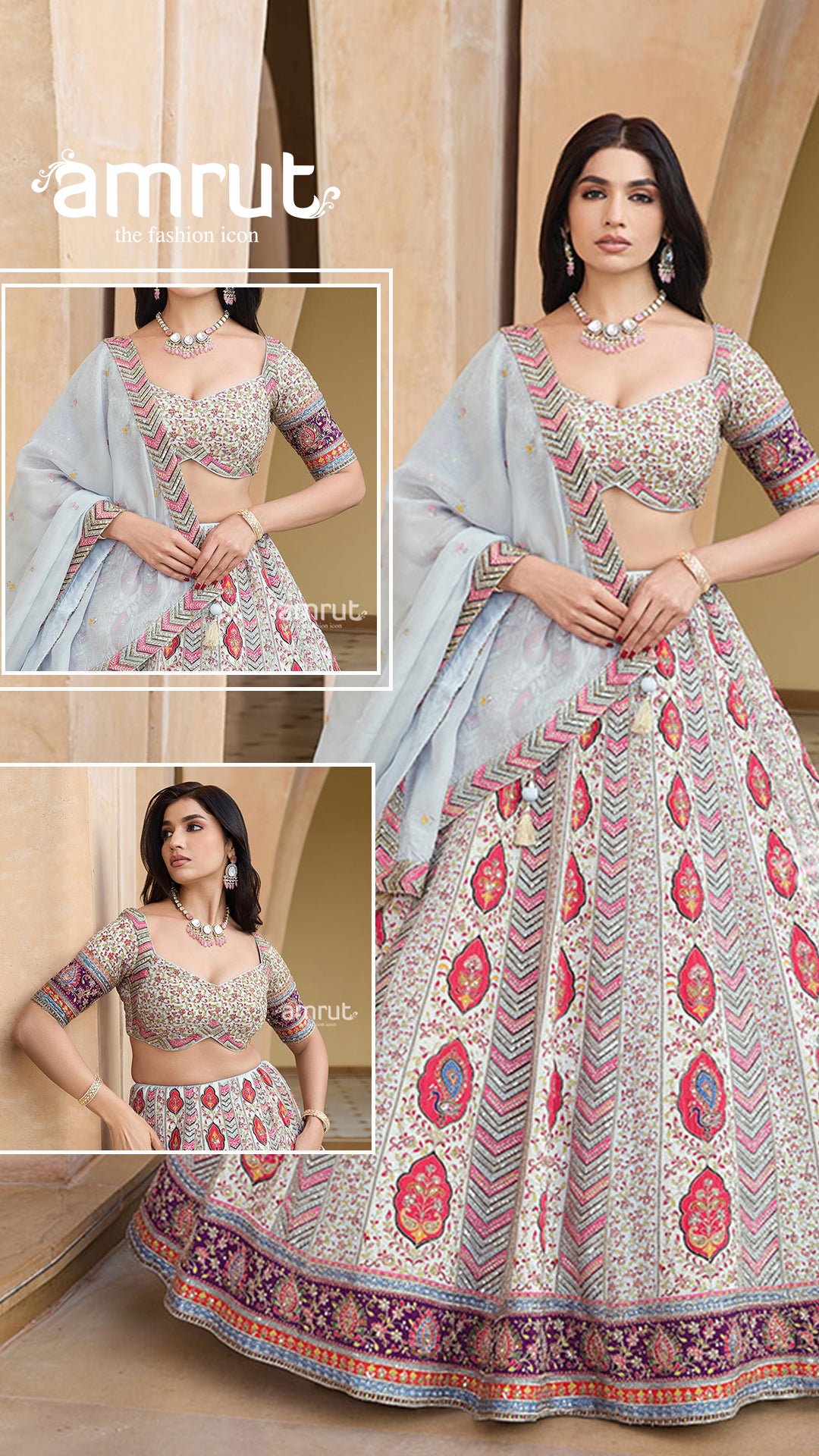 Cream Floral Embroidery Lehenga Choli with Light Gray Dupatta 0