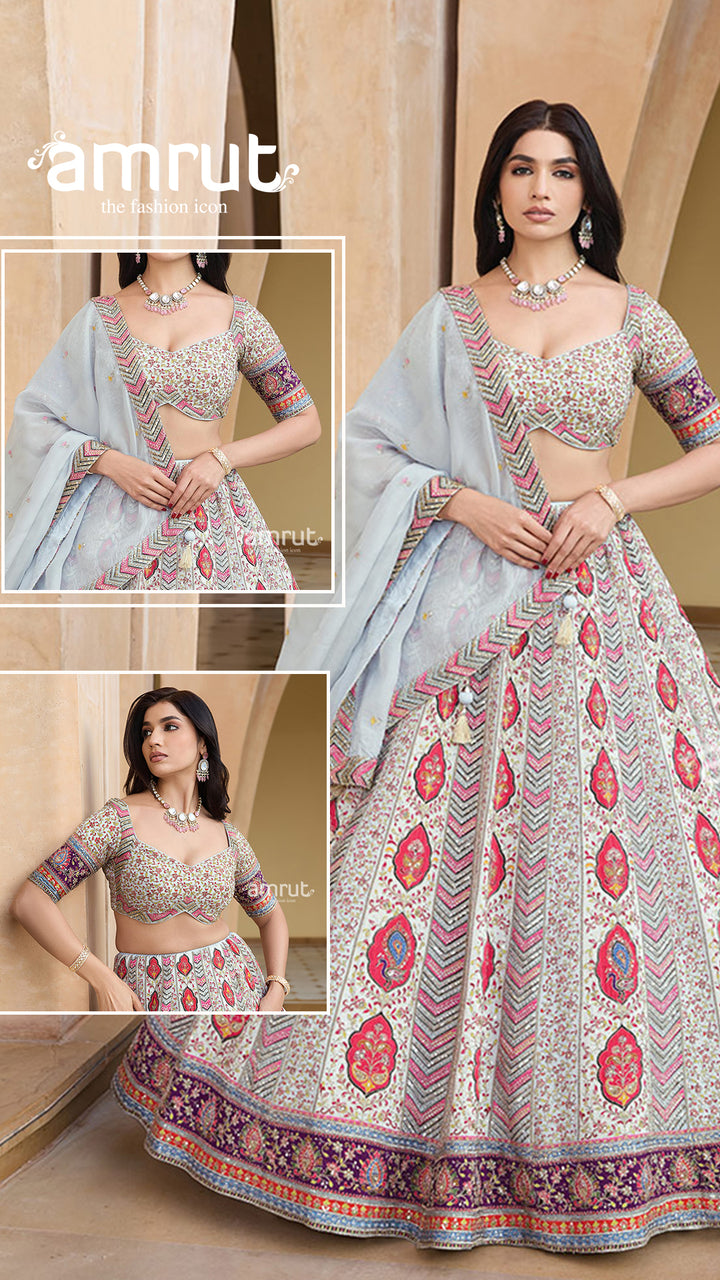 Cream Floral Embroidery Lehenga Choli with Light Gray Dupatta 0