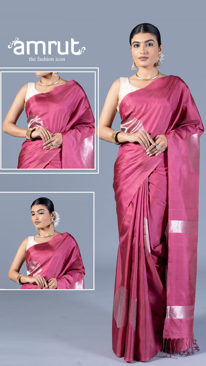 Magenta-Pink with Silver Zari Embellished Silk Saree with Unstitched Blouse 02