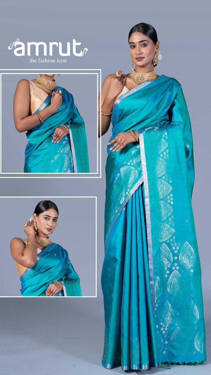 Teal Blue and Green with Intricate Golden Patterns Silk Saree with Unstitched Blouse 0