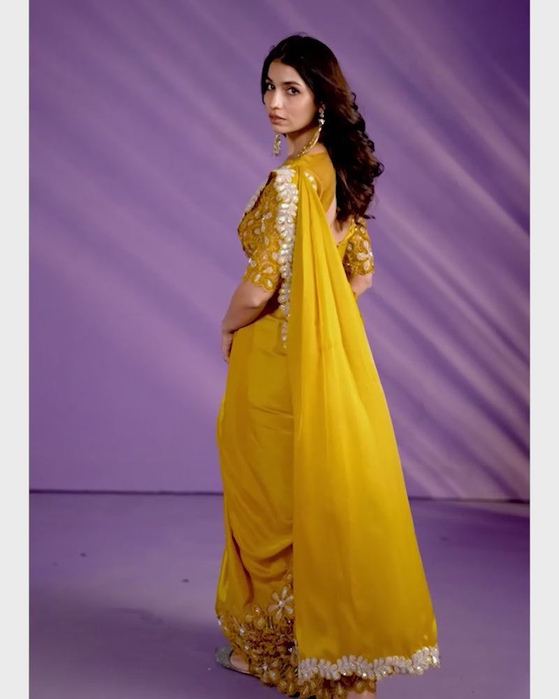 Yellow Ochre Crepe Satin Silk Saree with Readymade Blouse