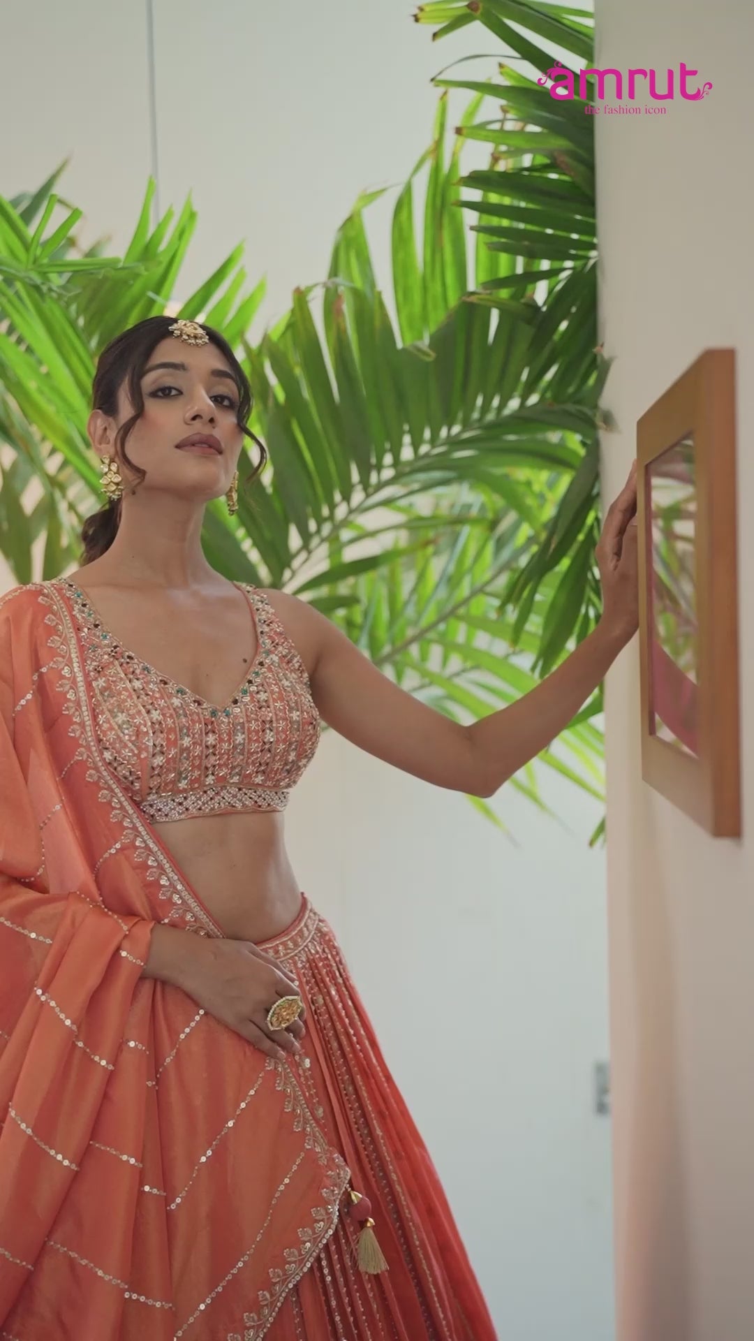 Peach Orange Mirror Embroidered Lehenga Choli with Dupatta