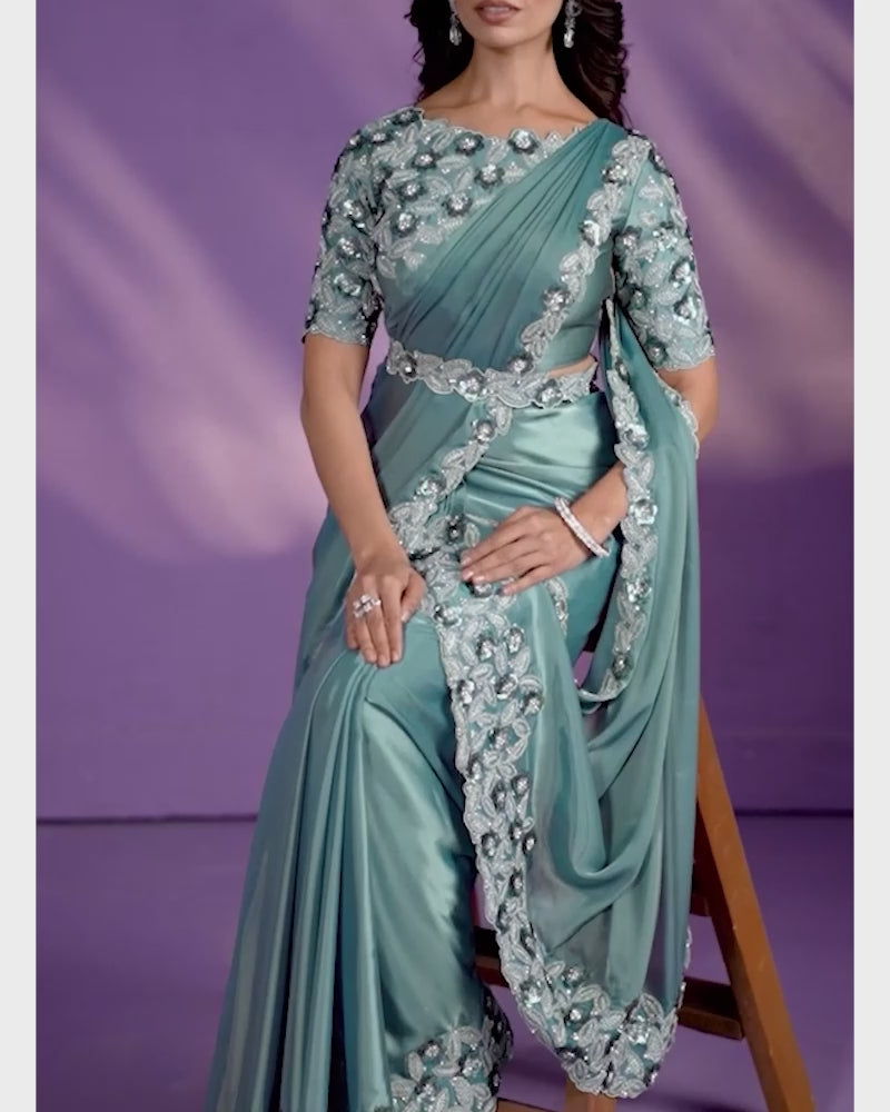 Blue Dianne Crepe Satin Silk Saree with Readymade Blouse