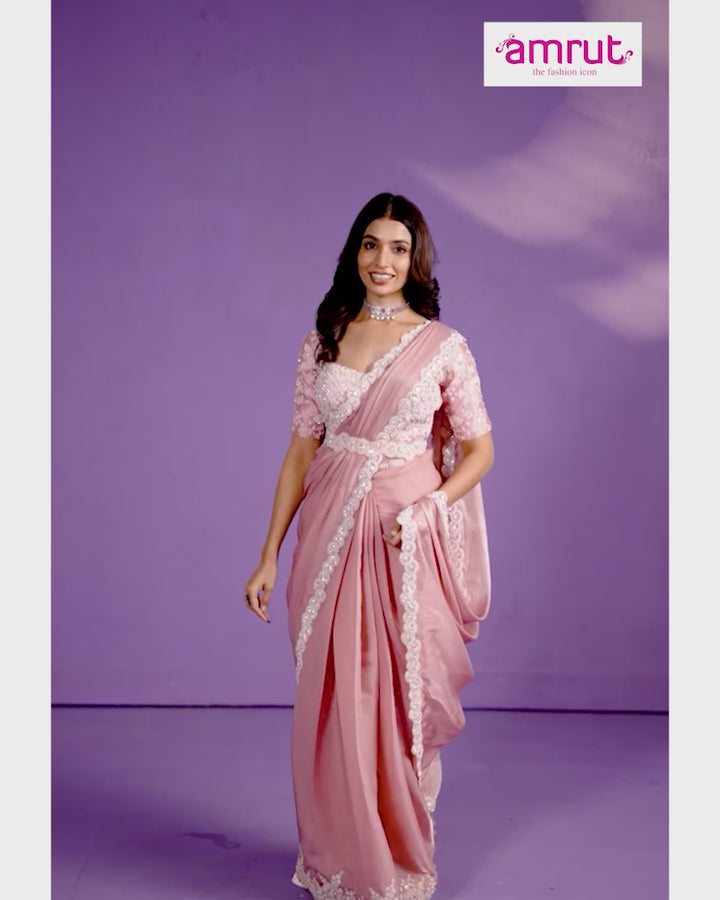 Dusty Pink Crepe Georgette Silk Saree with Readymade Blouse